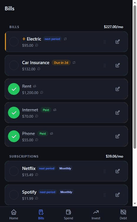 DistroFi bills screen with due dates, paid states and subscriptions