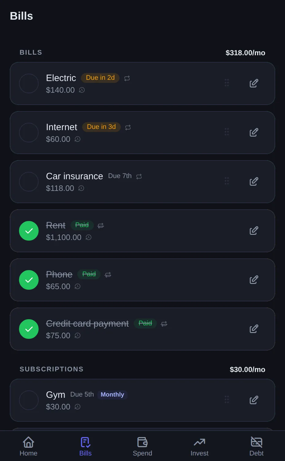DistroFi bills screen with due dates, paid states and subscriptions