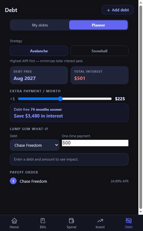 DistroFi debt planner showing payoff strategies and interest savings