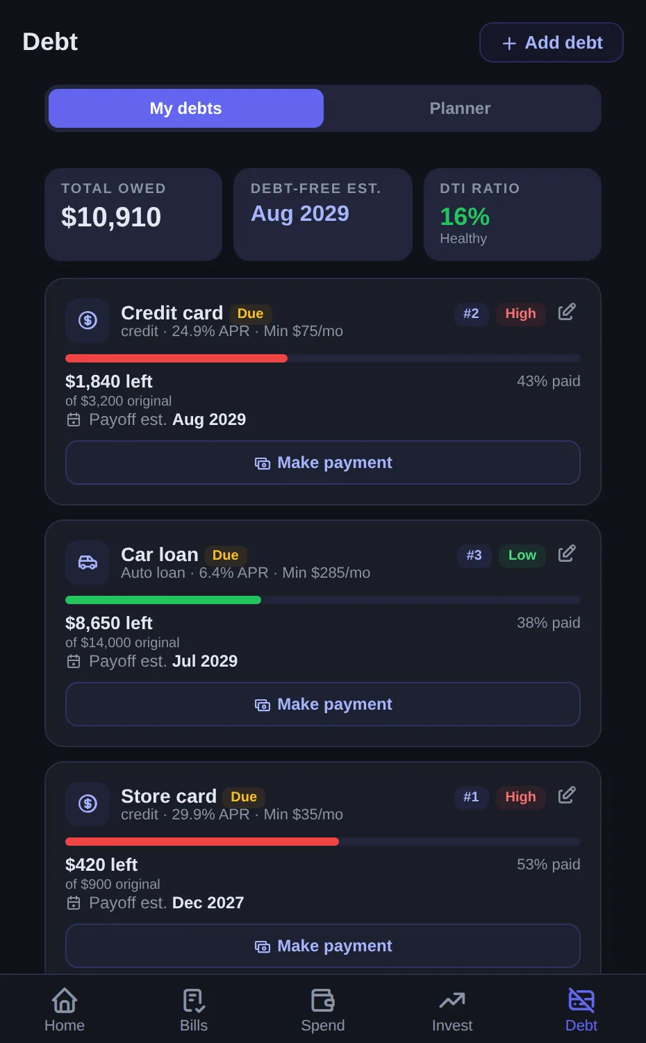 DistroFi debt planner showing payoff strategies and interest savings