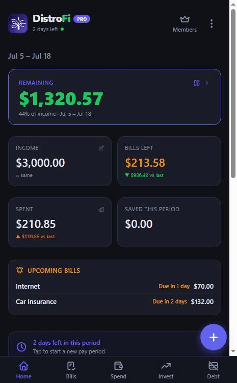 DistroFi home screen showing a pay period plan with live Remaining balance