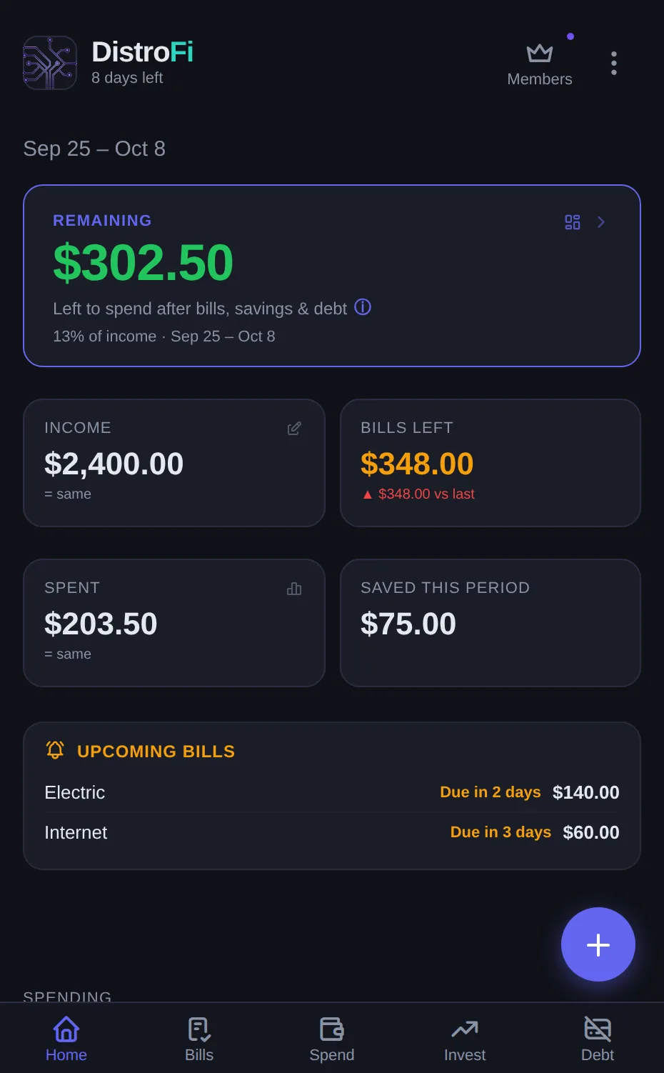 DistroFi home screen for the Sep 25 to Oct 8 pay period, with a live Remaining balance and upcoming bills