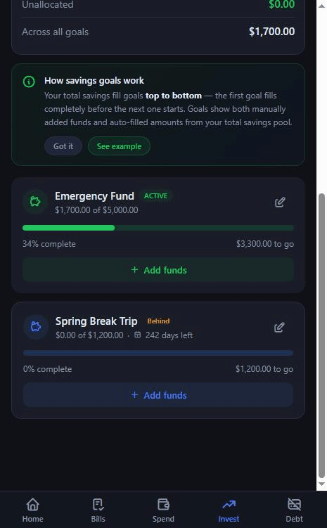 DistroFi savings goals with waterfall fill and progress