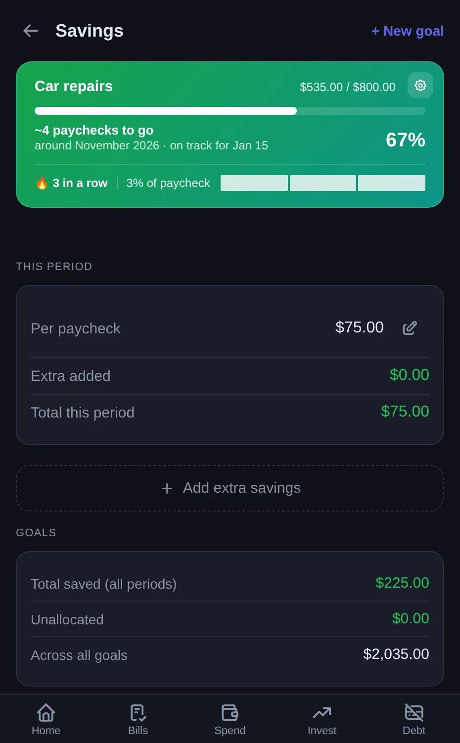 DistroFi savings goals with waterfall fill and progress