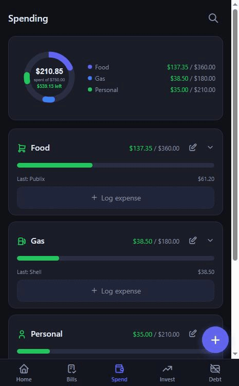 DistroFi spending screen with budget buckets and donut chart