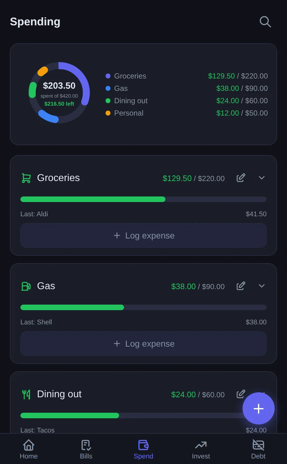 DistroFi spending screen with budget buckets and donut chart